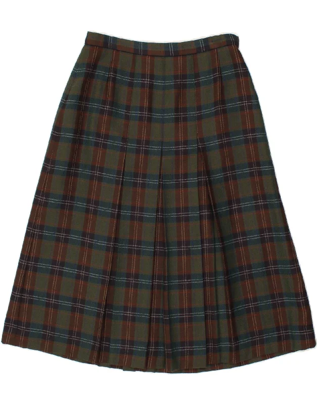 AQUASCUTUM Womens Pleated A-Line Skirt W30 Medium Green Check New Wool