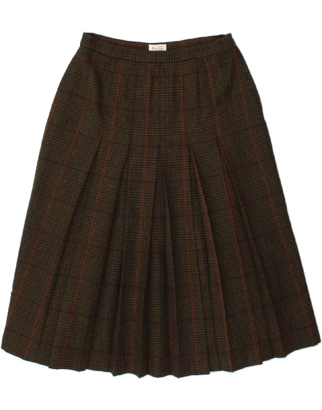 BRIAN TUCKER Womens Pleated Skirt UK 16 Large W30 Khaki Houndstooth Wool