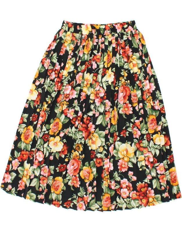 CANDA Womens Pleated A-Line Skirt EU 38 Medium W34 Black Floral Polyester