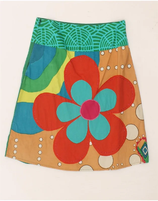 DESIGUAL Womens A-Line Skirt EU 38 Medium W28  Green Floral Cotton