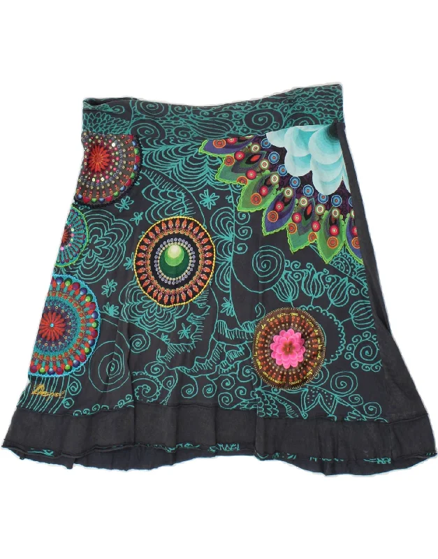 DESIGUAL Womens A-Line Skirt Small W34 Navy Blue Paisley Cotton