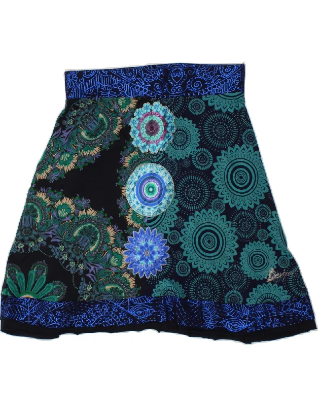 DESIGUAL Womens Graphic A-Line Skirt XL W36  Navy Blue Floral Cotton