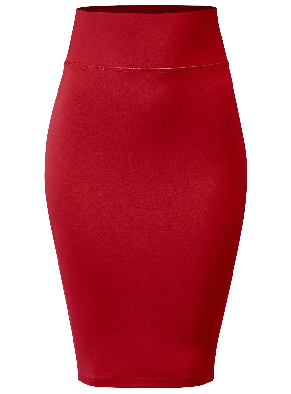 Women's Elastic Waist Stretch Slim Fit Midi Pencil Skirt (FWS1054)