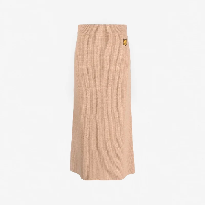 Tonal Fox Head Patch Long Ribbed Skirt Beige Melange