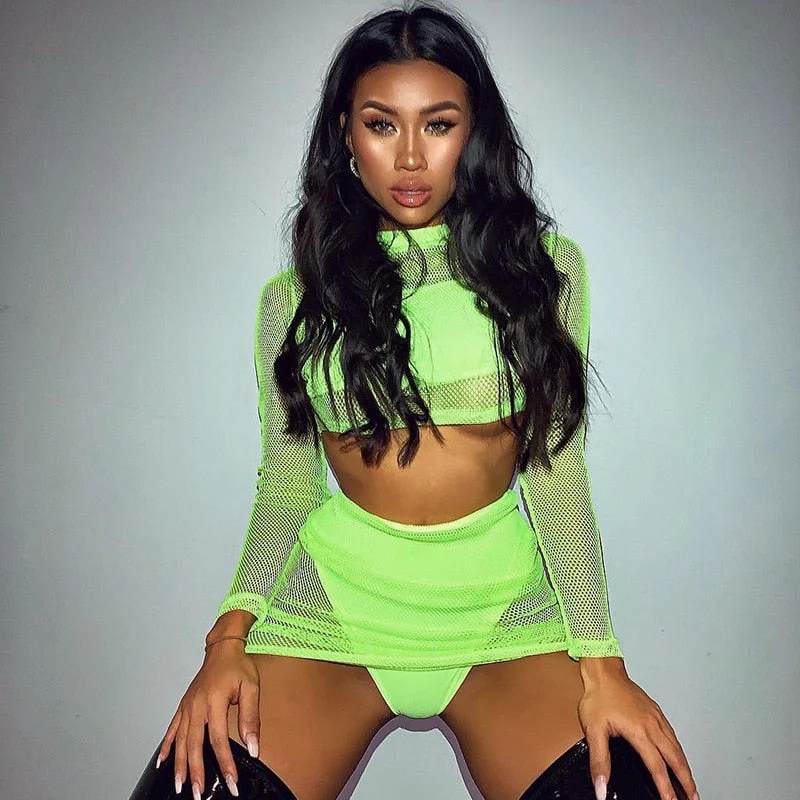 NEON MESH LONG SLEEVE CROP TOP AND MINI SKIRTS