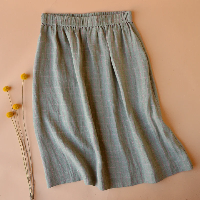 Pocket Skirt - 100% Linen - Sage Pink Check (Women S-L)