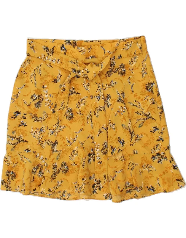 TOPSHOP Womens Straight Skirt UK 10 Small W28 Yellow Floral Polyester