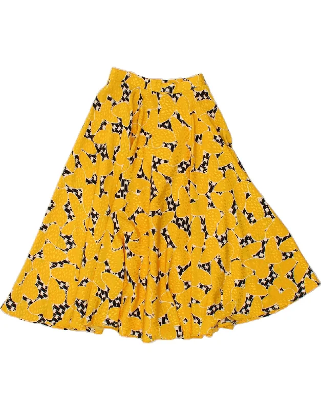 VINTAGE Womens Graphic A-Line Skirt W24 XS Yellow Polyester Butterfly