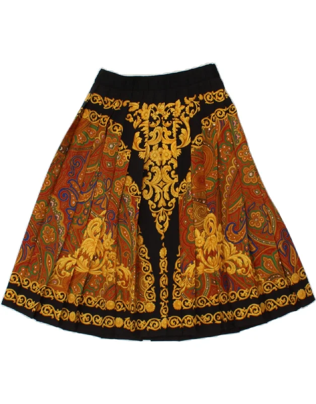 VINTAGE Womens High Waist Pleated Skirt IT 42 Medium W24 Brown Paisley