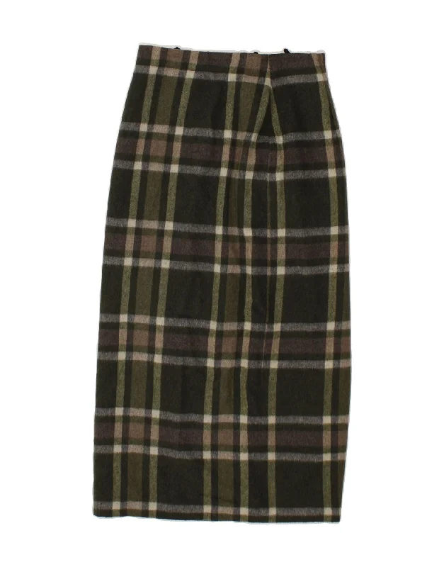 VINTAGE Womens Maxi Skirt UK 12 Medium W28  Khaki Check Wool