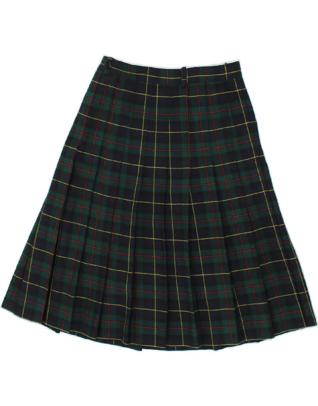 VINTAGE Womens Pleated A-Line Skirt IT 44 Medium W28  Green Plaid Wool