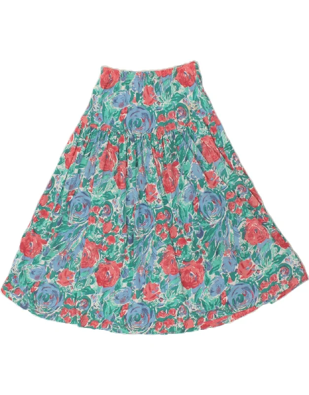 VINTAGE Womens Pleated A-Line Skirt W30 Medium Green Floral Polyester