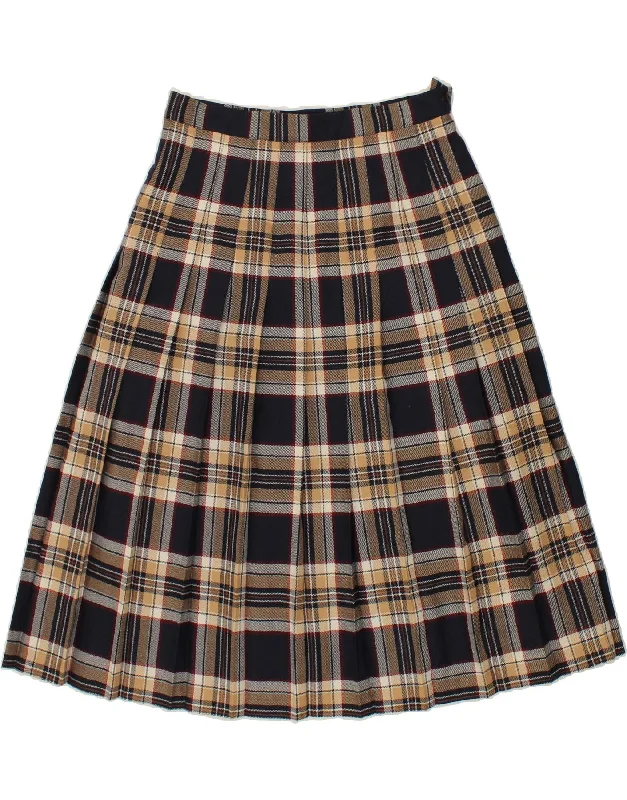 VINTAGE Womens Pleated Skirt UK 16 Large W32 Navy Blue Check Wool