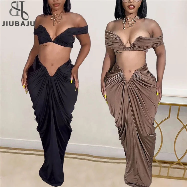 Women Sexy Off Shoulder Strapless Crop Top 2 Pieces Skirt Set Ruched Bodycon Draping Long Skirts Outfit