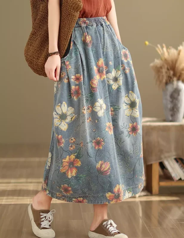 Summer Retro Floral Printed Casual Denim Skirt linen skirt natural