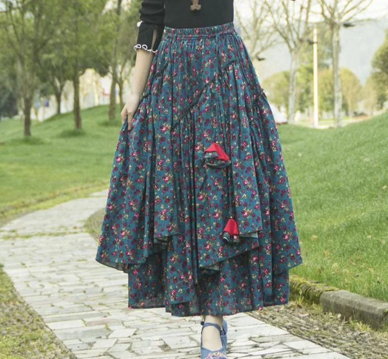 Vintage Floral Printed Ruffled Asymmetric Skirt