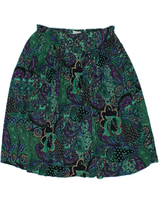 VINTAGE Womens A-Line Skirt Small W30 Green Floral silk skirt lustrous