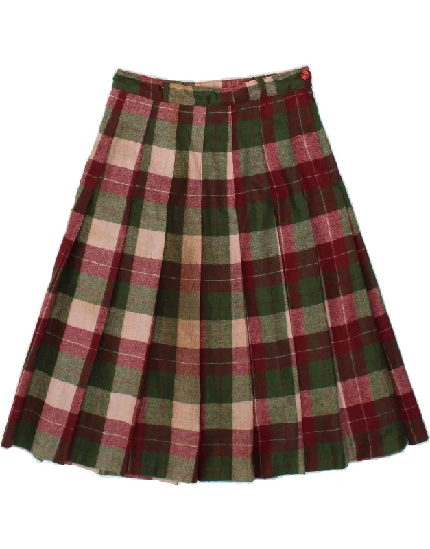 VINTAGE Womens Pleated Skirt IT 44 Medium W28 Burgundy Plaid Polyester