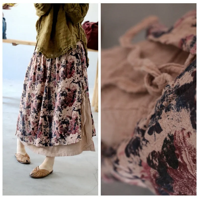 Women Summer Retro Floral Printed Cotton Linen Skirt silk skirt elegant