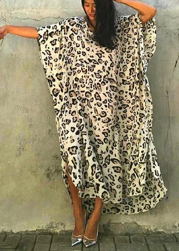 Art Leopard tie waist Cotton Dress  Summer Beach Gown