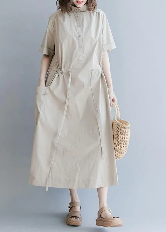 Chic Drawstring Cotton Summer Clothes For Women Runway Khaki long Dresses