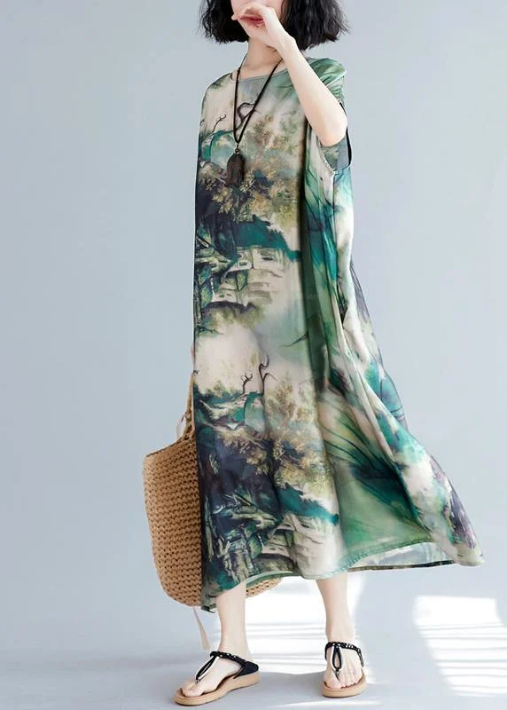 French O Neck Baggy Summer Wardrobes Lnspiration Green Print Robes Dresses