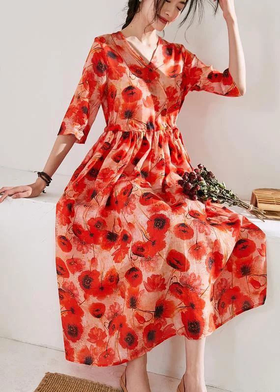 Italian orange print linen dress v neck patchwork long Dress