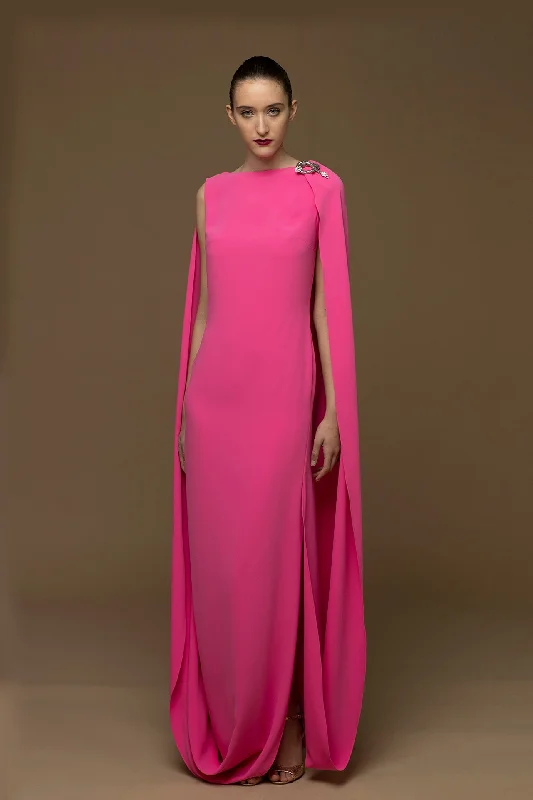 Long cape sleeves crepe gown