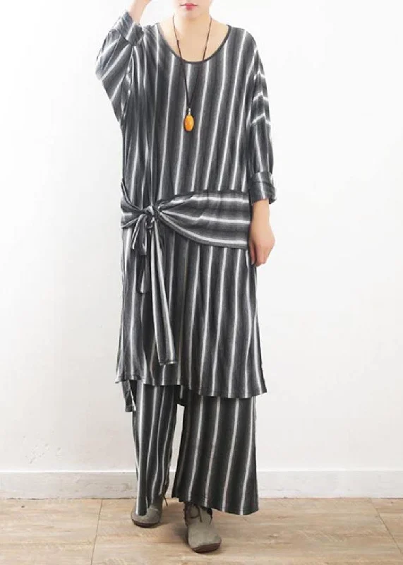 Loose Grey Striped tie waist Two Pieces Set Summer Cotton Dress