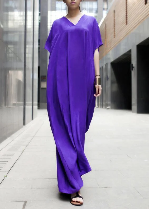 Modern Purple Clothes V Neck Baggy Dresses