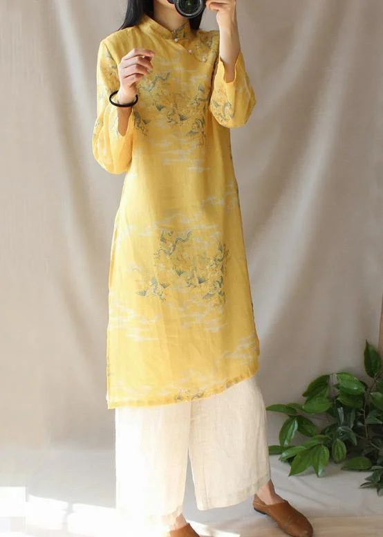 Modern Yellow Dragon Pattern Clothes V Neck Side Open Baggy Dress