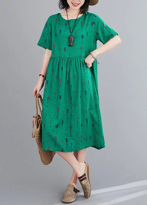 Natural o neck summer Sewing green print long Dress