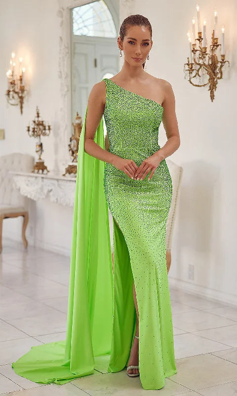 Beaded Long One-Shoulder Cape Formal Dress