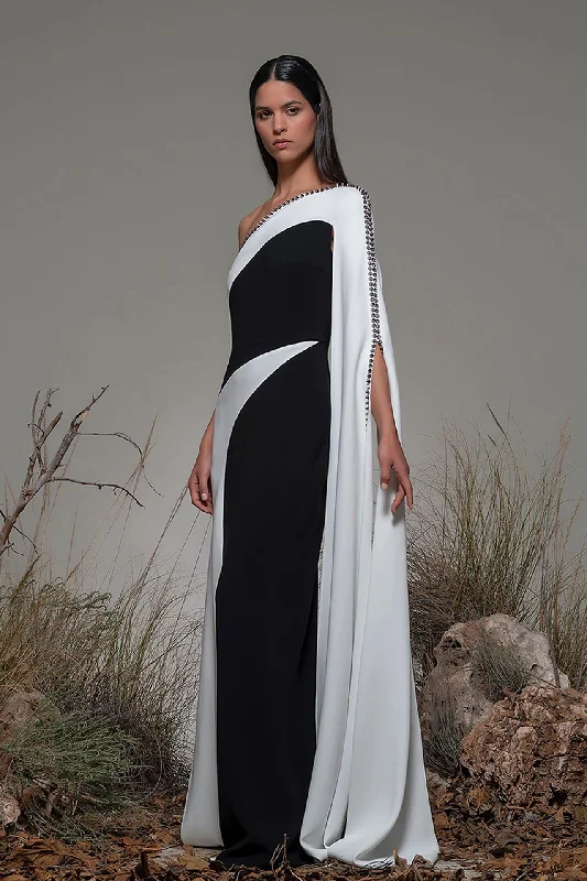 One shoulder cape sleeve column dress