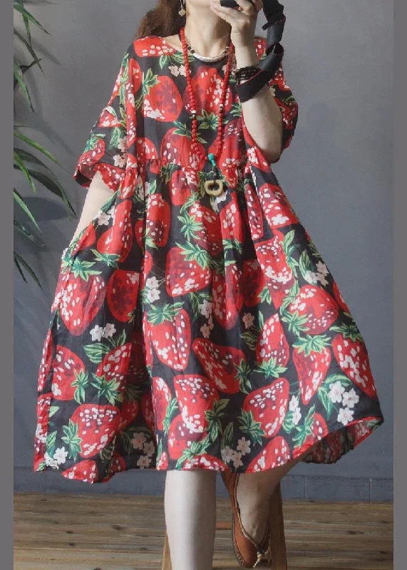 Plus Size Black Print strawberry High Waist Long Dresses Summer Linen