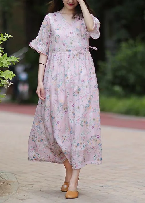 Style v neck tie waist linen Long Shirts Outfits pink print Dress