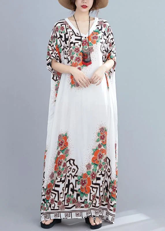 Style white print dress v neck Batwing Sleeve long Dresses