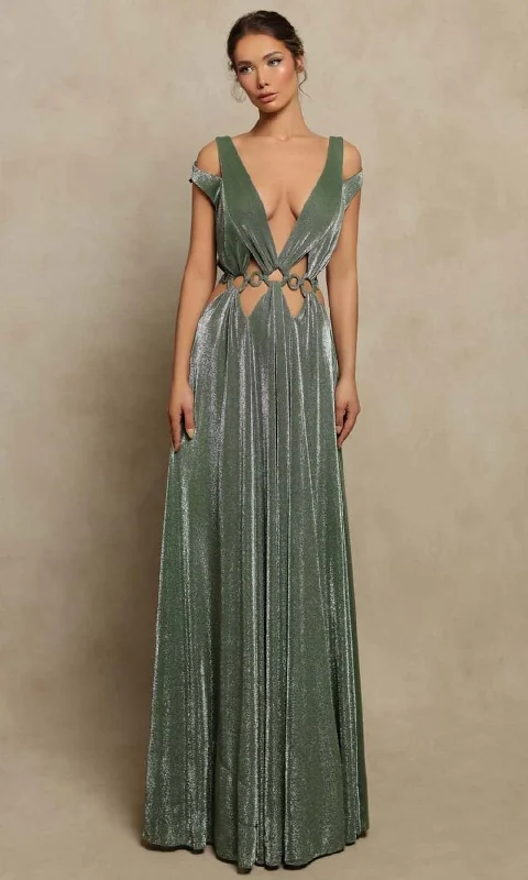 Tarik Ediz - 98074 Plunging Velvet Bangled Long Dress