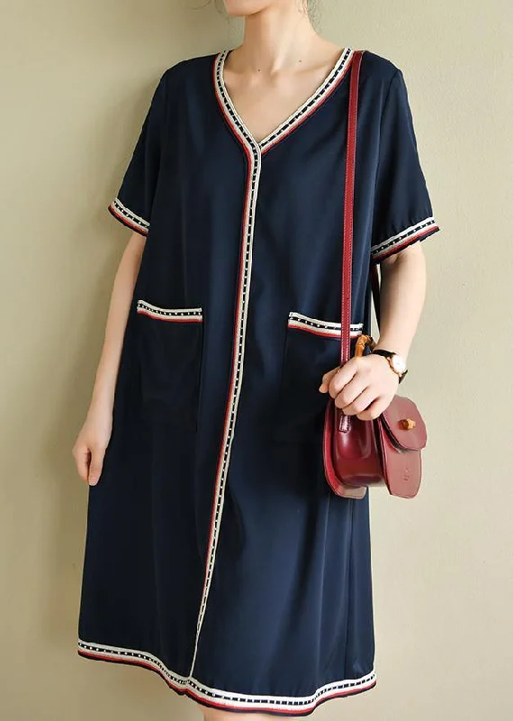 Women navy clothes Women v neck pockets baggy summer Dresses