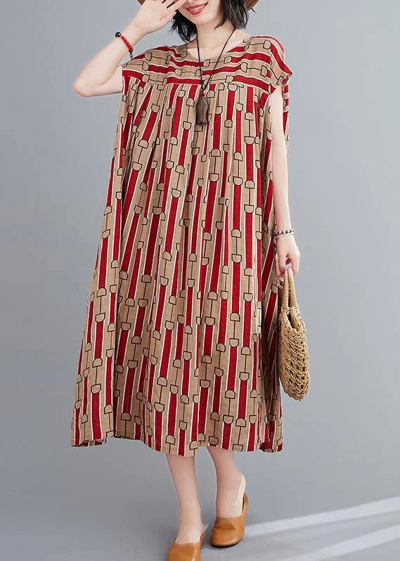 Women o neck Cinched summerTunics Fabrics red print long Dress