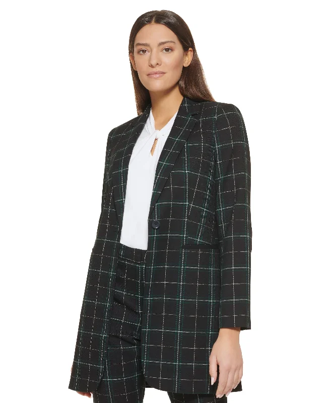 Women's Windowpane-Print One-Button Longline Blazer